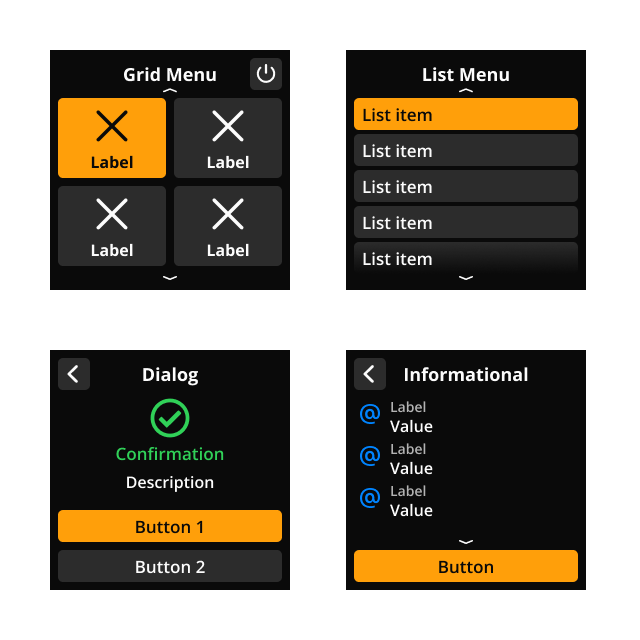 Four primary layout types: Grid Menu, List Menu, Dialog, and Informational