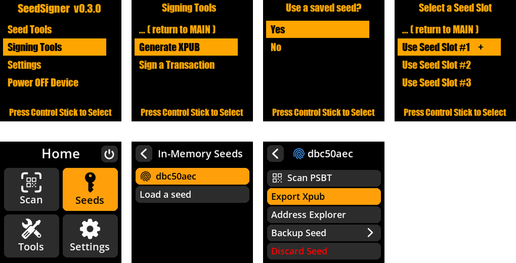 The In-Memory Seeds menu listing two loaded seeds by fingerprint, with 'Load a seed' and 'Create a seed' options below