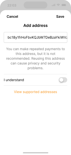 Add address screen with a warning users need to accept