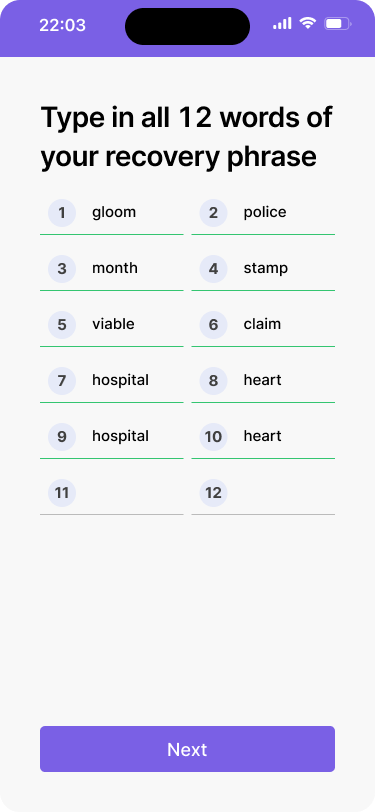 A mobile wallet interface that shows a list of a 12 word recovery phrase with numbering.
